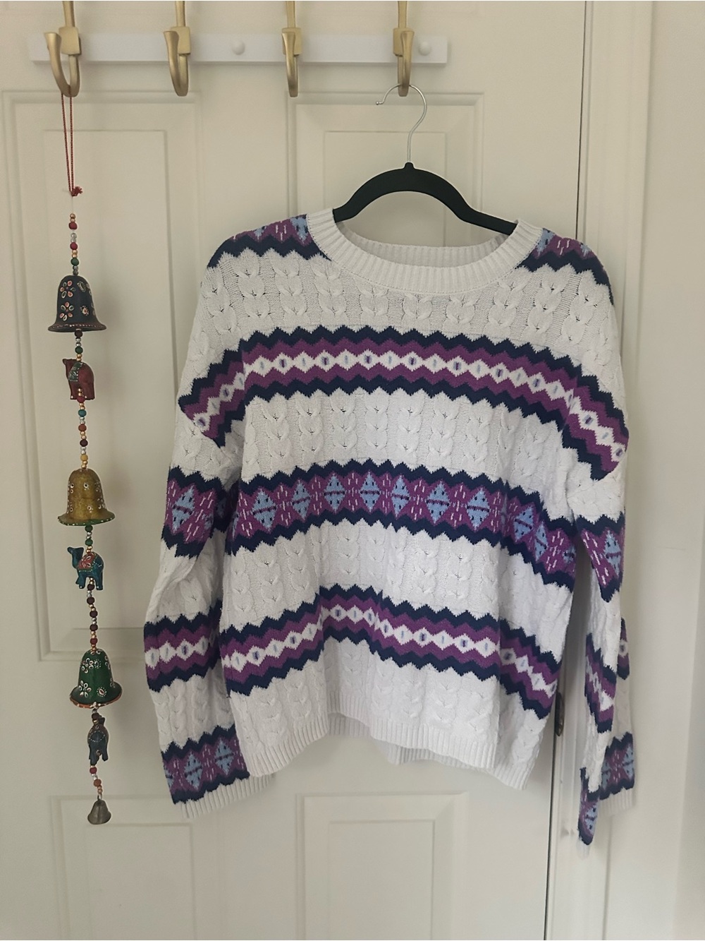 LOFT White Cable Knit Crew Sweater with Purple Chevron Motif